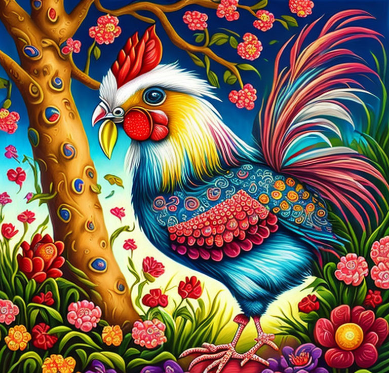 Colorful Rooster Illustration Among Blooming Flowers and Decorative Plumage