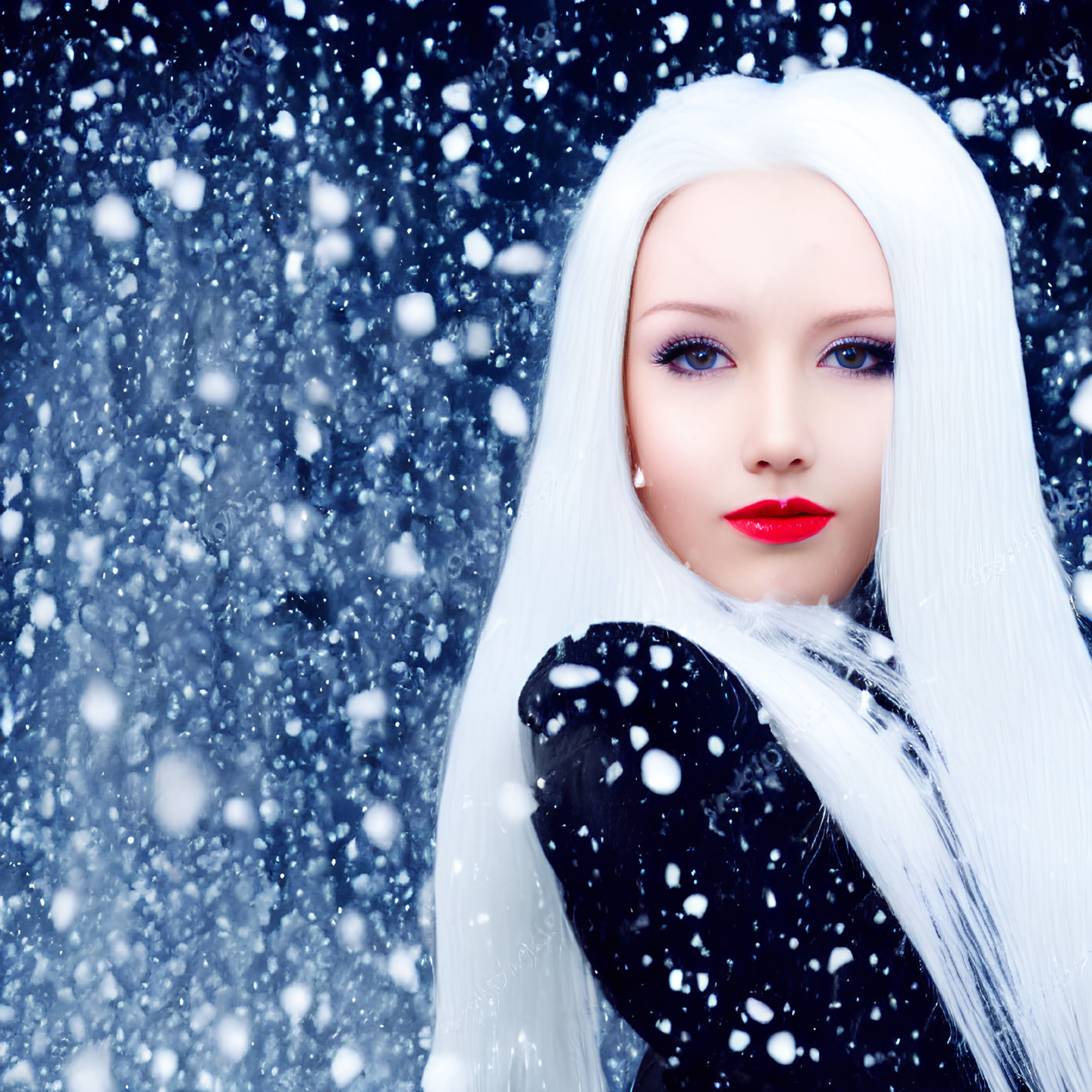 Person with white hair and red lipstick in snowy setting with falling snowflakes