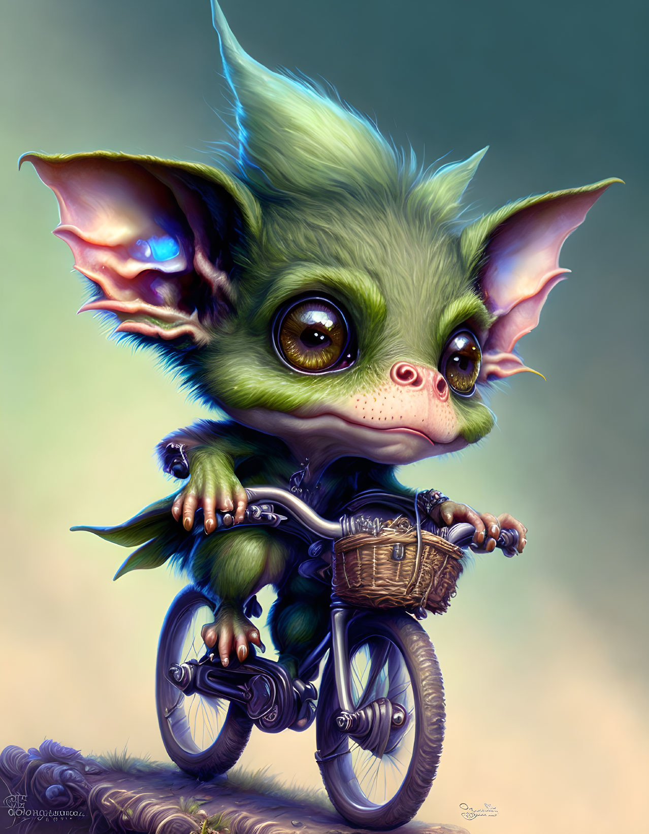 Whimsical illustration of cute green creature on tiny bicycle