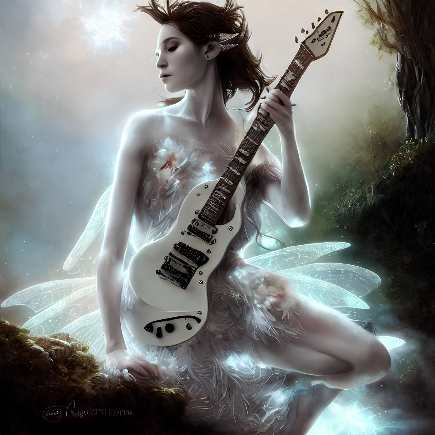 Winged female figure with deer antlers holding electric guitar in misty forest