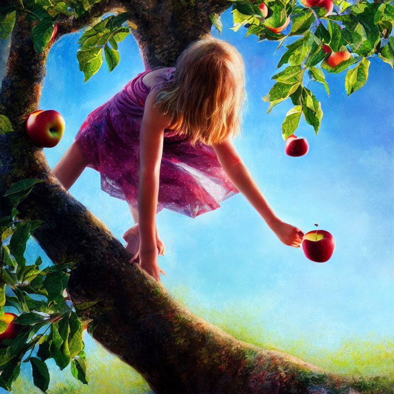 Young girl in purple dress reaching for red apple on tree branch under blue sky