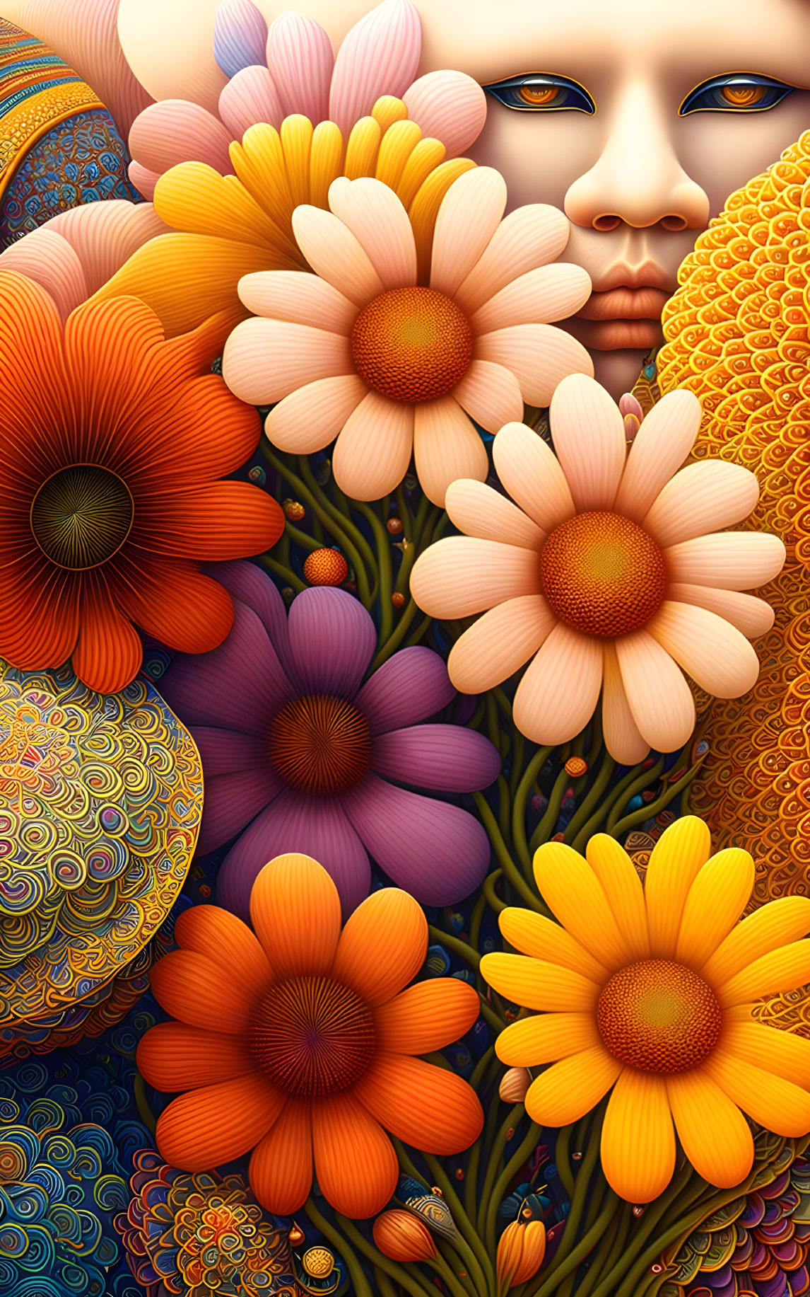 Colorful digital art featuring stylized flowers and a serene figure.