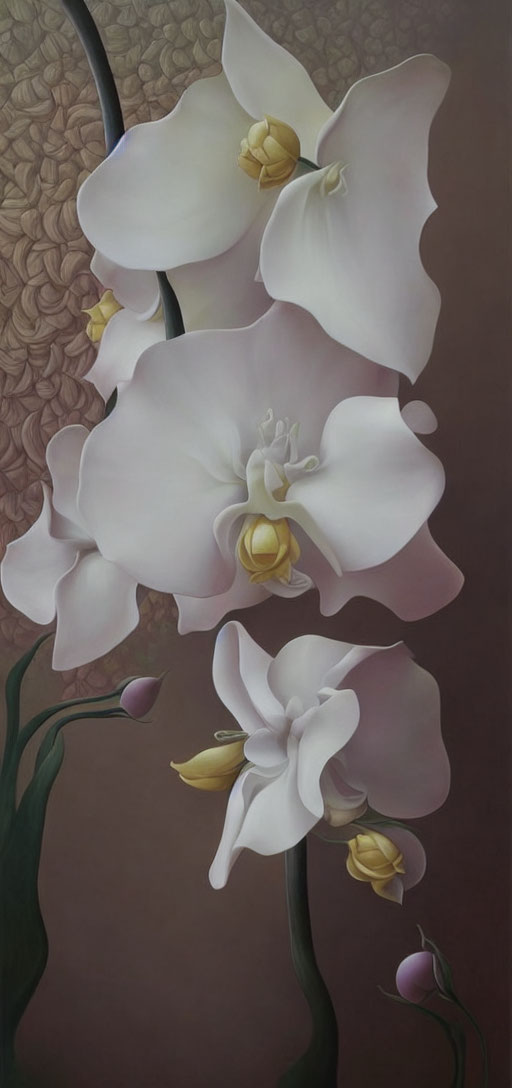 Vertical painting of white orchids with yellow centers on textured brown background