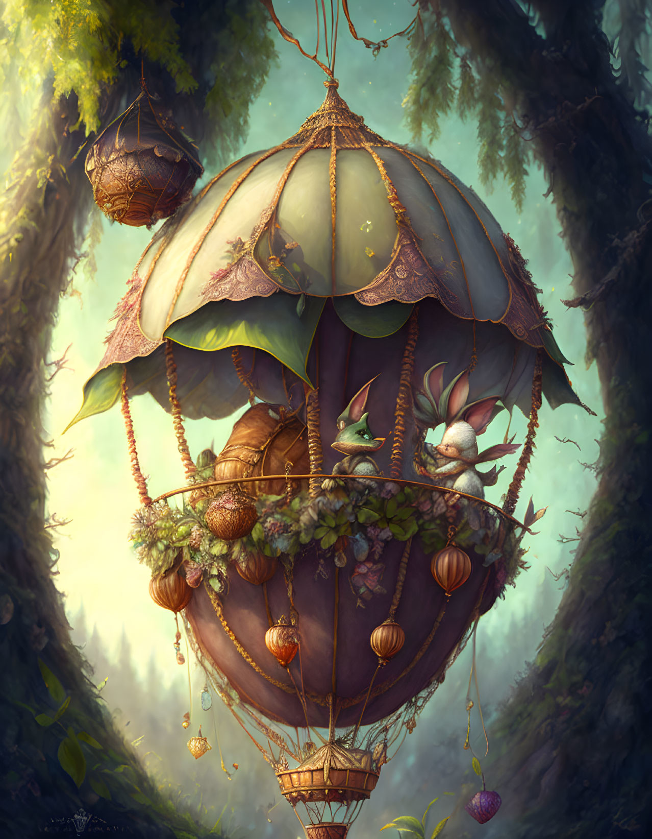 Colorful flower pod hot air balloon over lush forest with rabbit and bird onboard.