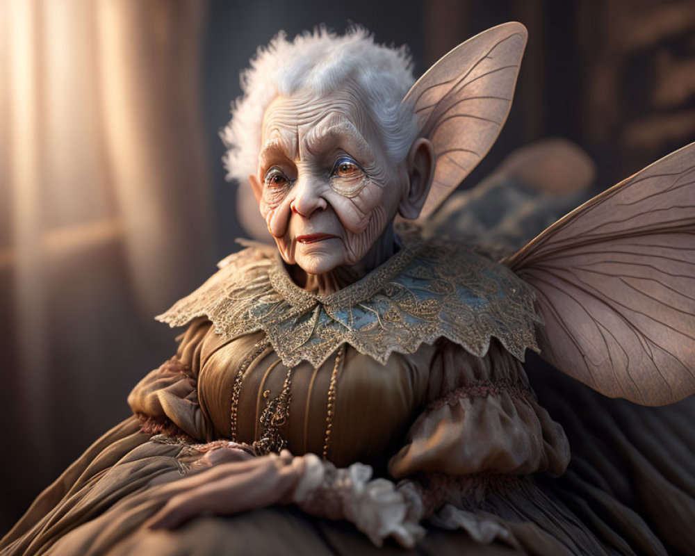 Elderly fairy with white hair and translucent wings in warm light