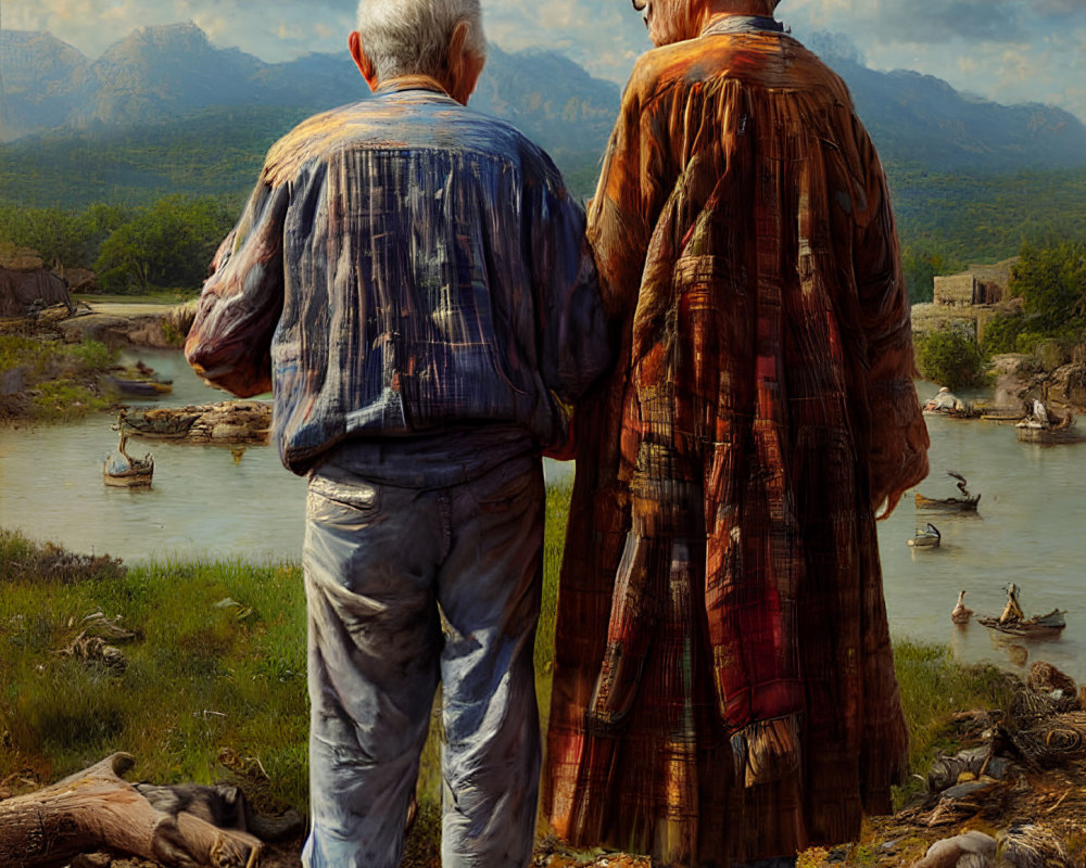 Elderly couple admiring river landscape with boats and mountains