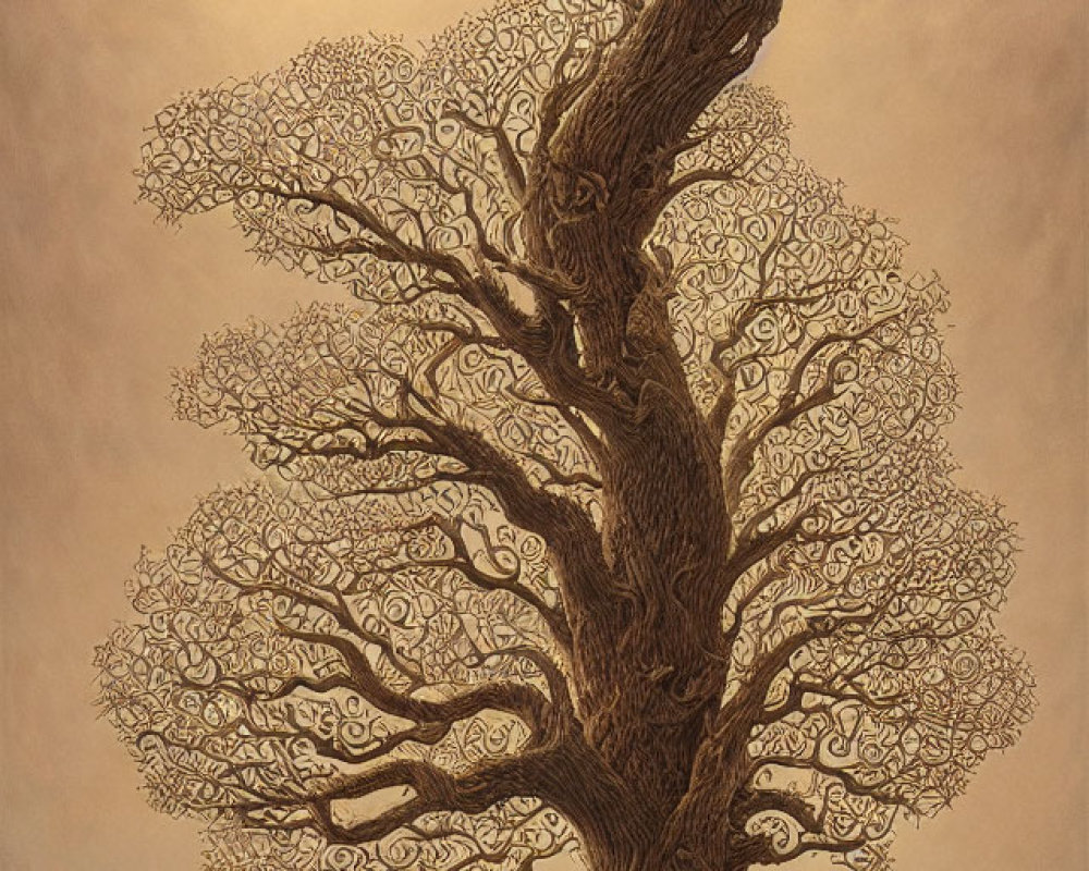 Detailed Lace-Like Tree Against Sepia Background