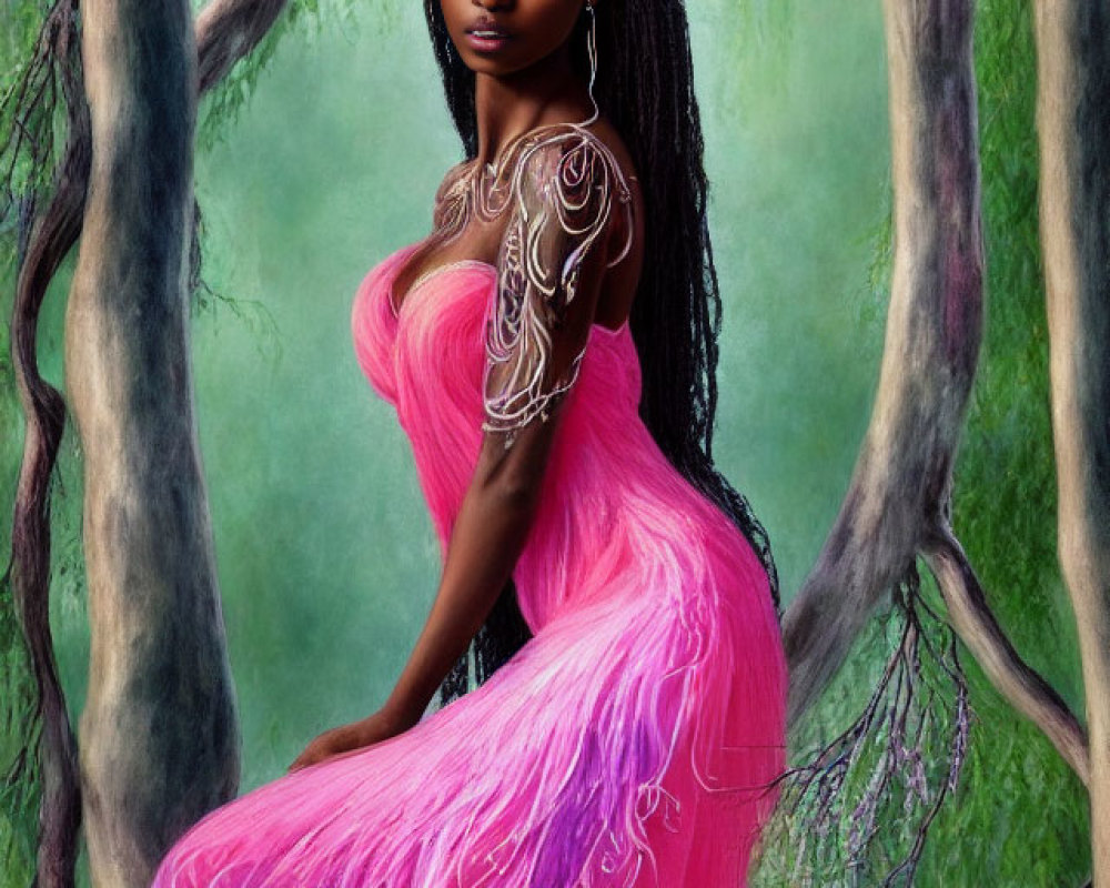 Woman in Pink Gown Surrounded by Twisted Trees