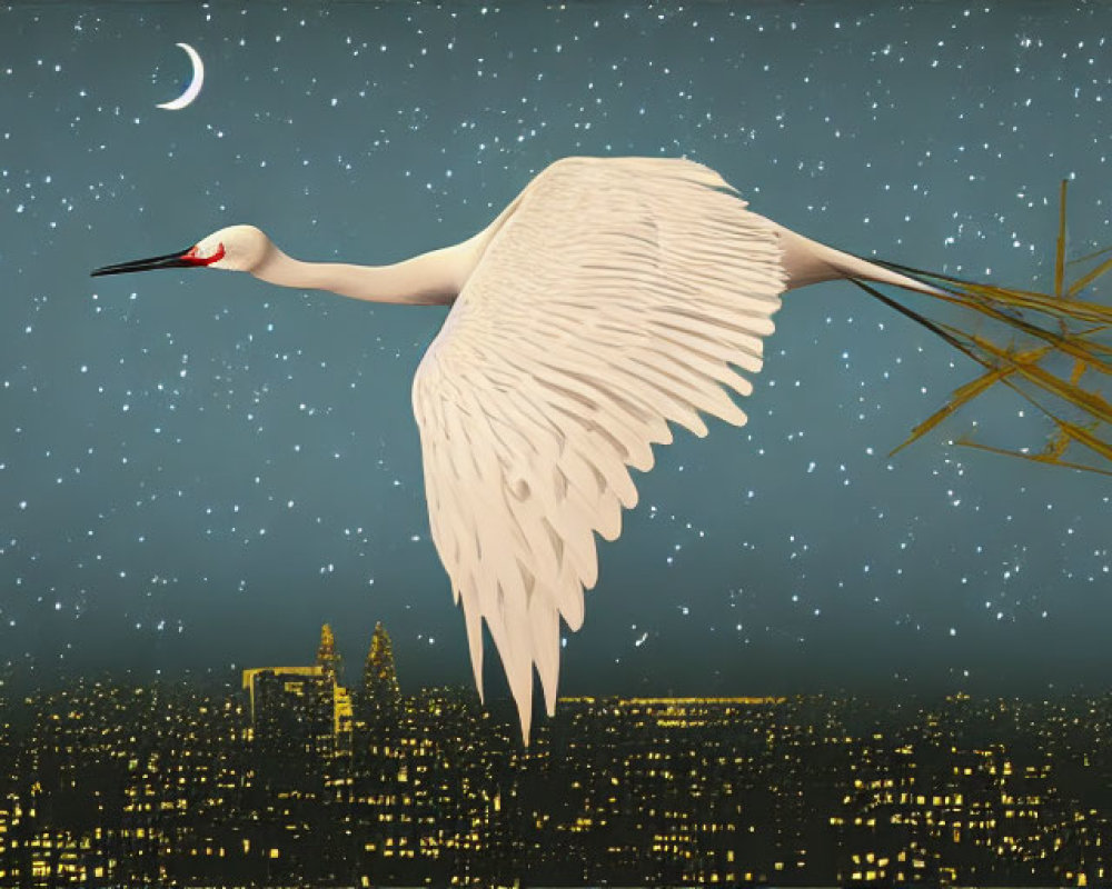 Graceful crane flying over starry night sky with crescent moon and glowing city skyline