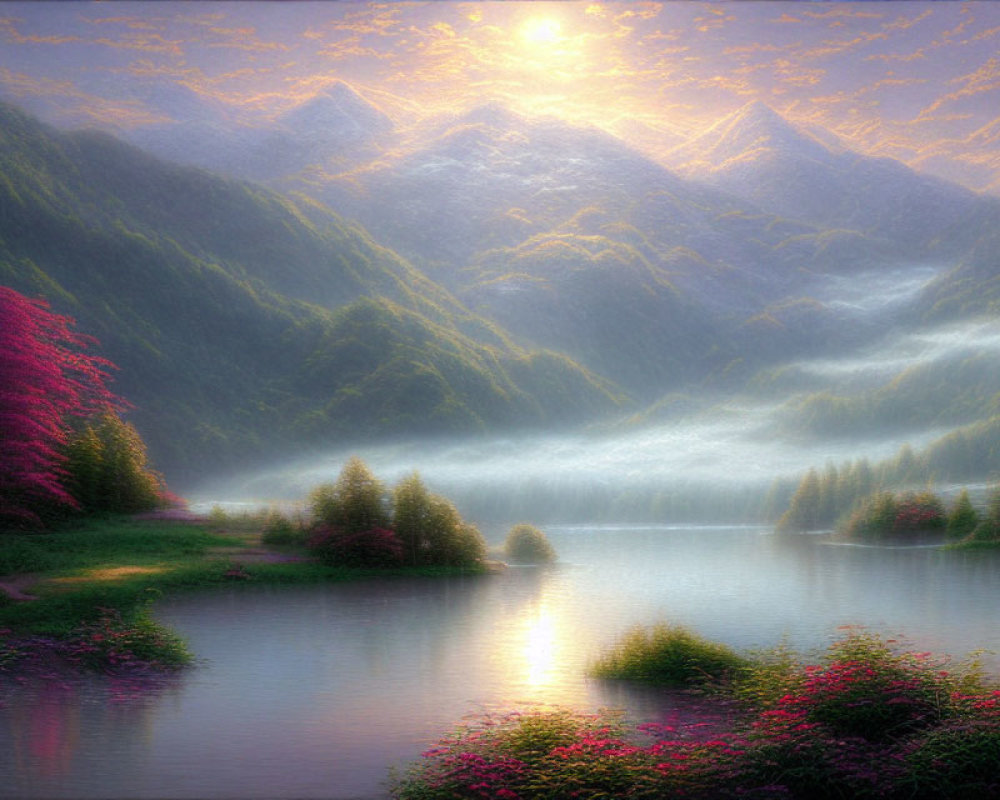 Scenic mountain landscape with sunlit lake and pink foliage