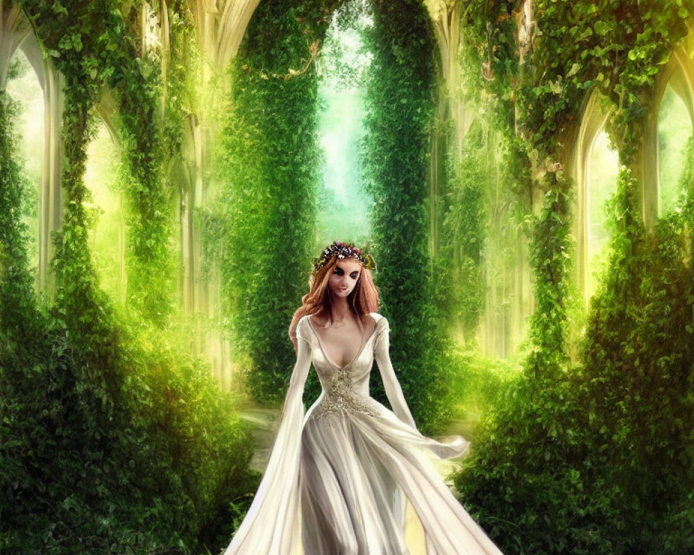 Woman in white dress and crown in mystical forest with sunlight filtering through greenery