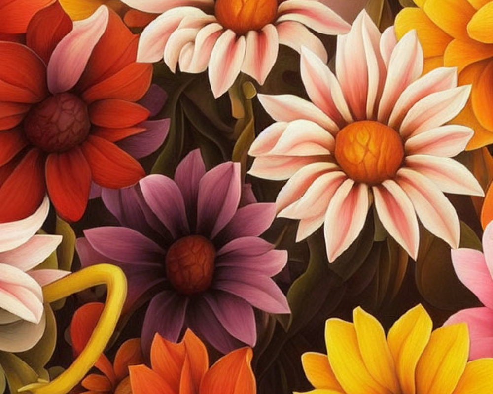 Vibrant floral artwork featuring daisies in yellow, orange, red, and purple on soft