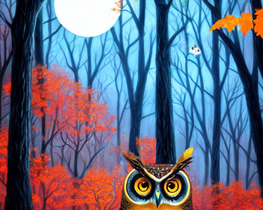 Detailed artwork: Owl on branch in enchanted forest under full moon