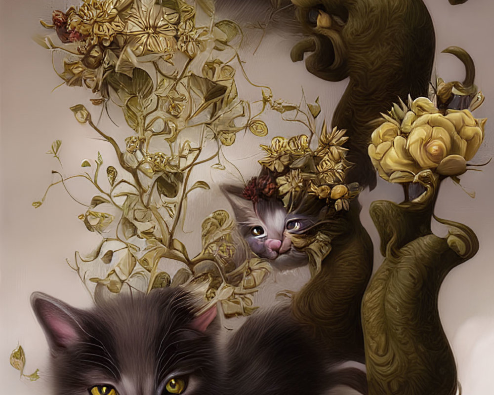 Detailed whimsical cat illustration with golden vines and floral elements on a creamy background