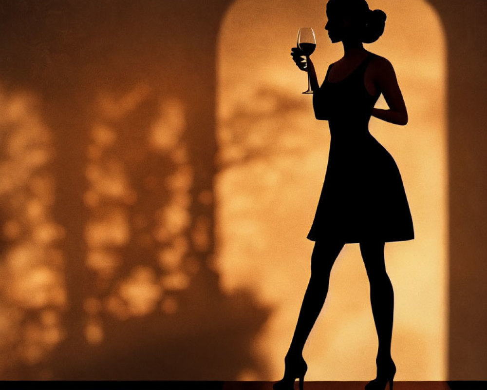 Woman's silhouette holding glass near arched window with tree shadows on amber-lit wall