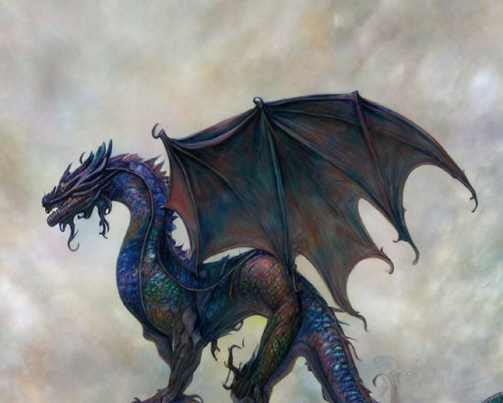 Iridescent blue-green dragon with black wings and horned head on cloudy background