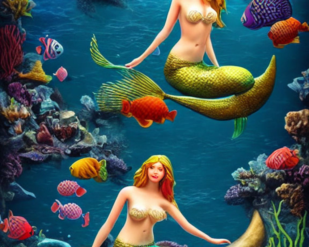 Golden-haired mermaids with green tails, fish, and coral reefs in underwater scene