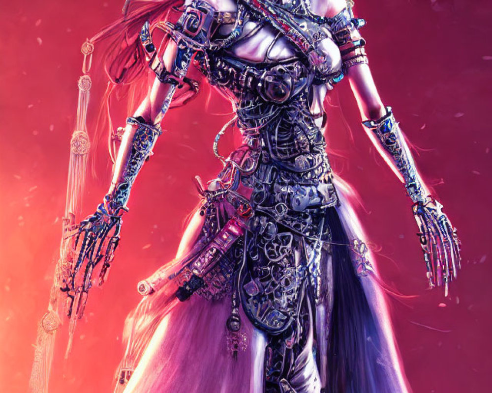 Illustrated female character in ornate fantasy armor on pink and purple background