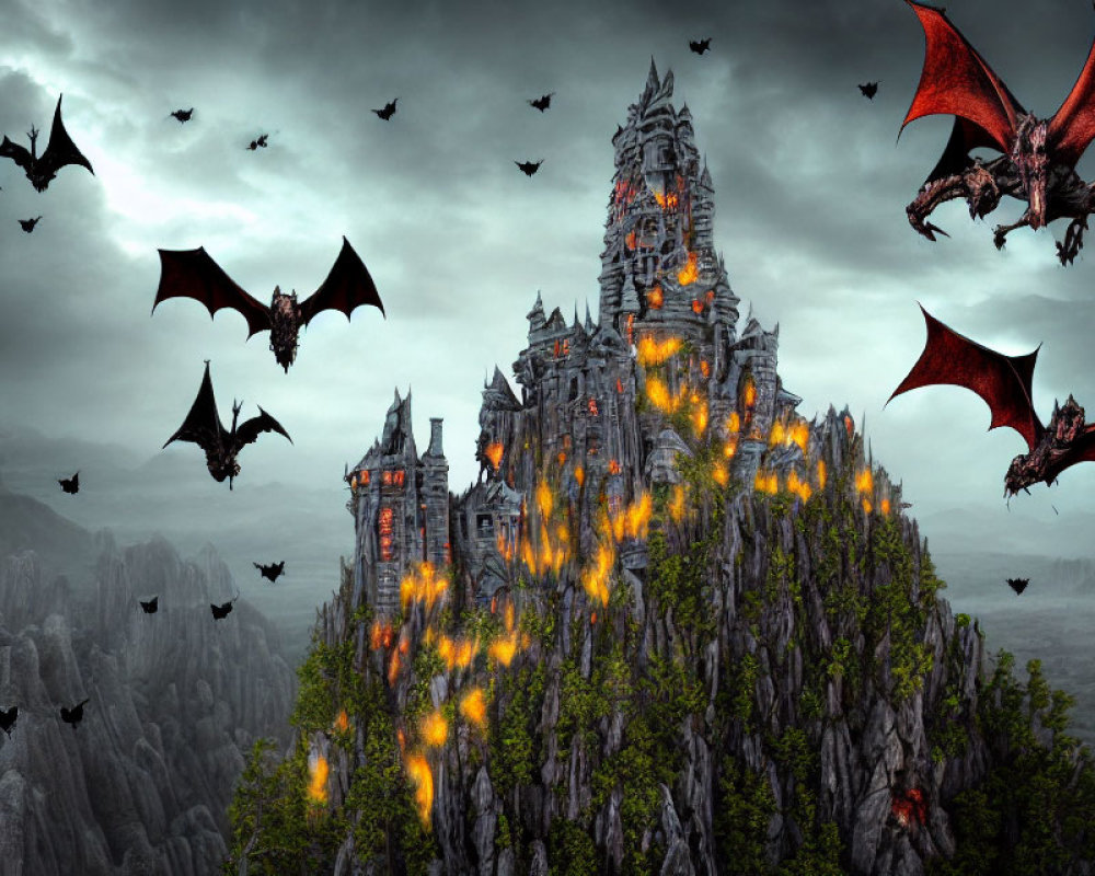 Dark fantasy landscape with fiery castle, rocky terrain, gloomy sky, and menacing bats