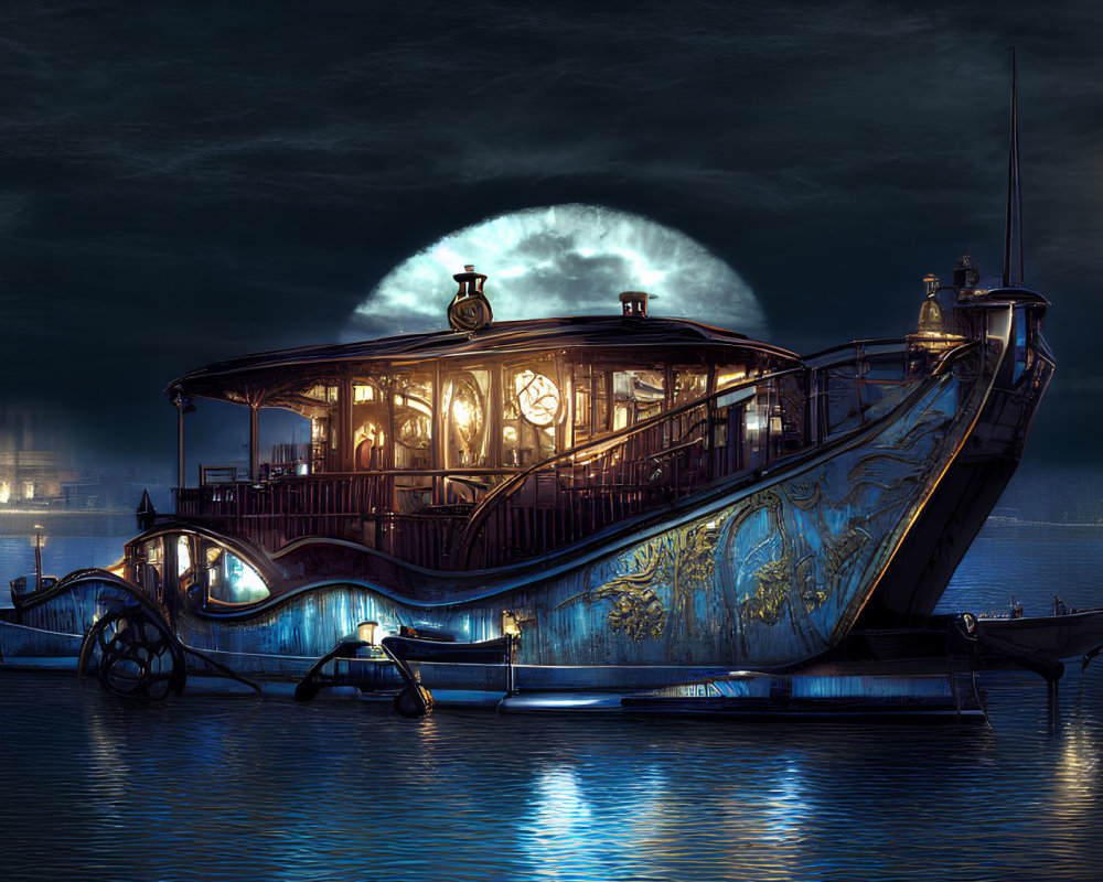 Vintage steampunk boat at night with full moon and second ship