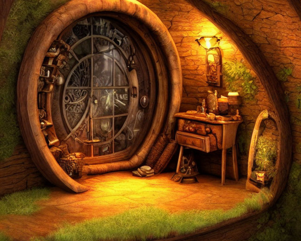 Fantasy-style hobbit hole with rounded wooden door and lantern lighting nestled in lush hillside