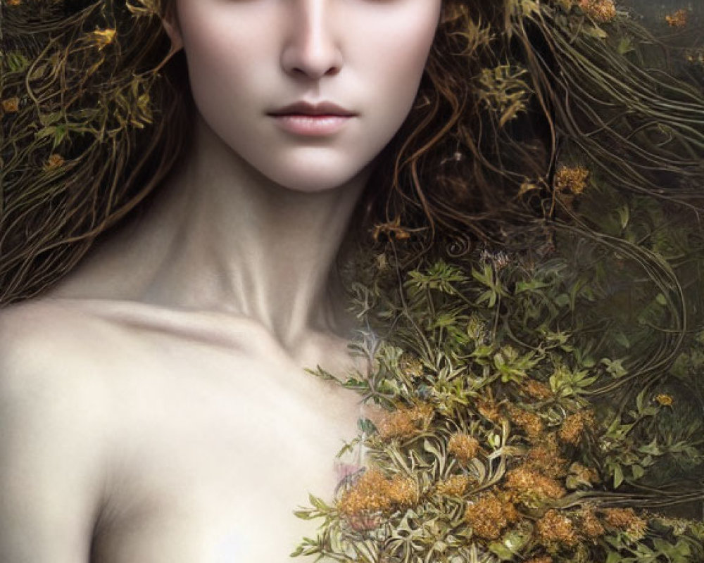 Woman portrait with serene expression and yellow flower wreath in mystical forest scene