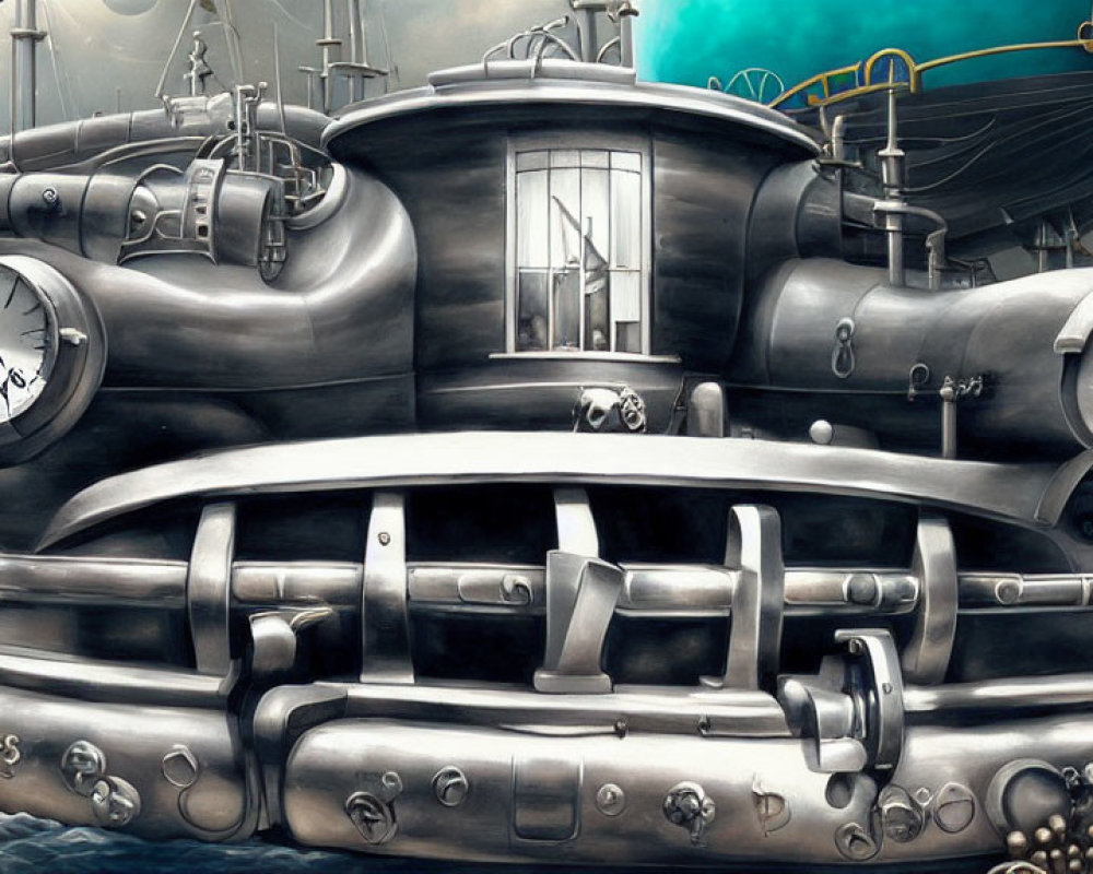 Surreal steampunk image: submarine with clock elements and ship on cloudy backdrop