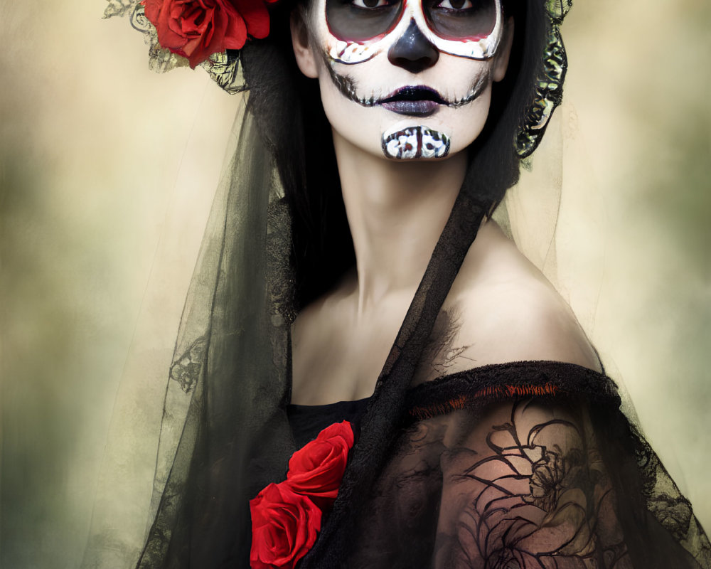 Person with Dia de los Muertos makeup in floral headpiece and black outfit.