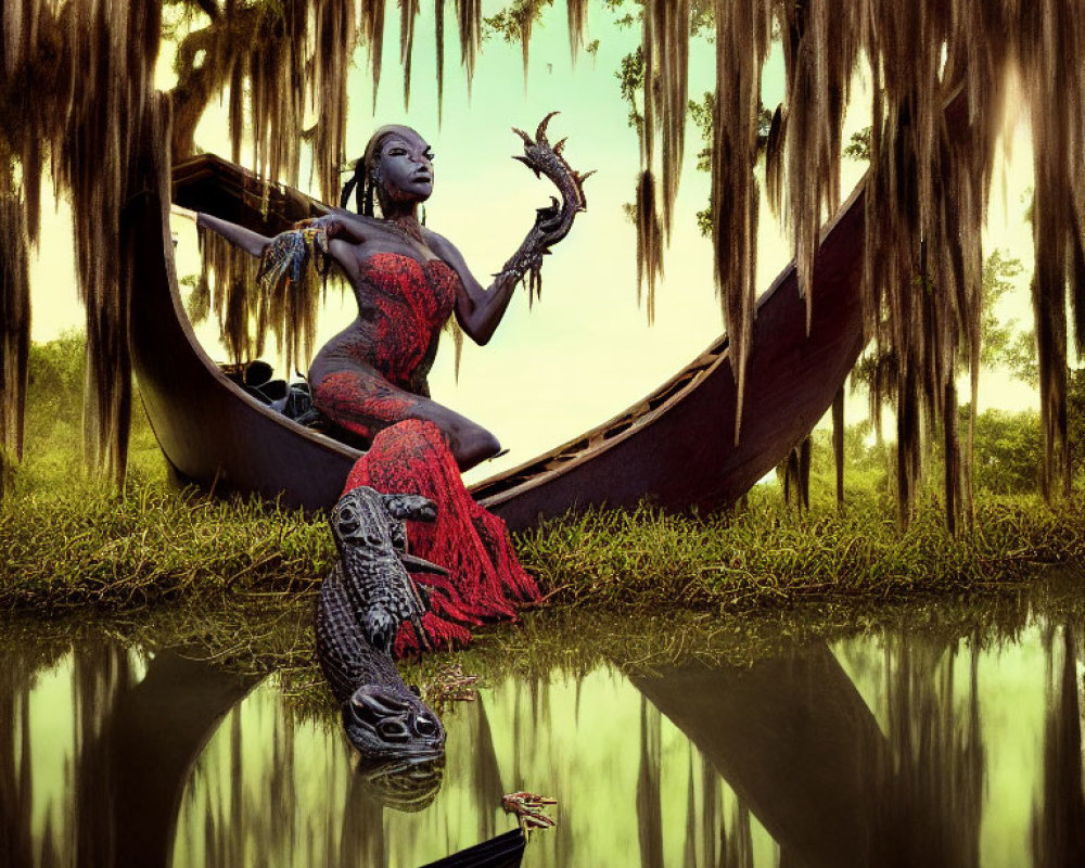 Person in body paint in canoe under moss-covered trees with crocodile in serene water