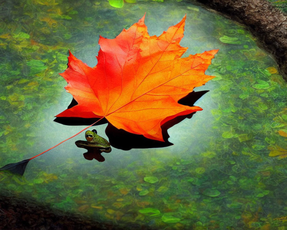 Red maple leaf and green frog with reflections in pond foliage.