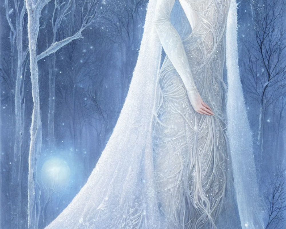 Ethereal woman in intricate ice-blue gown in snowy forest