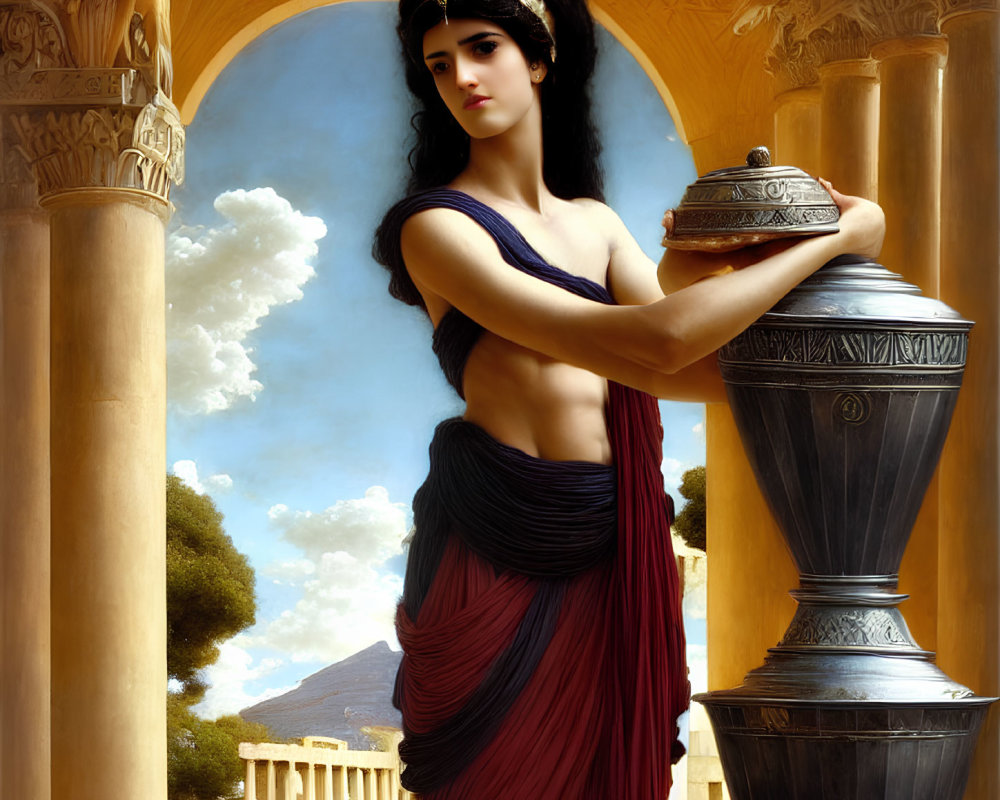 Classical woman with vessel near stone column and ancient temple backdrop