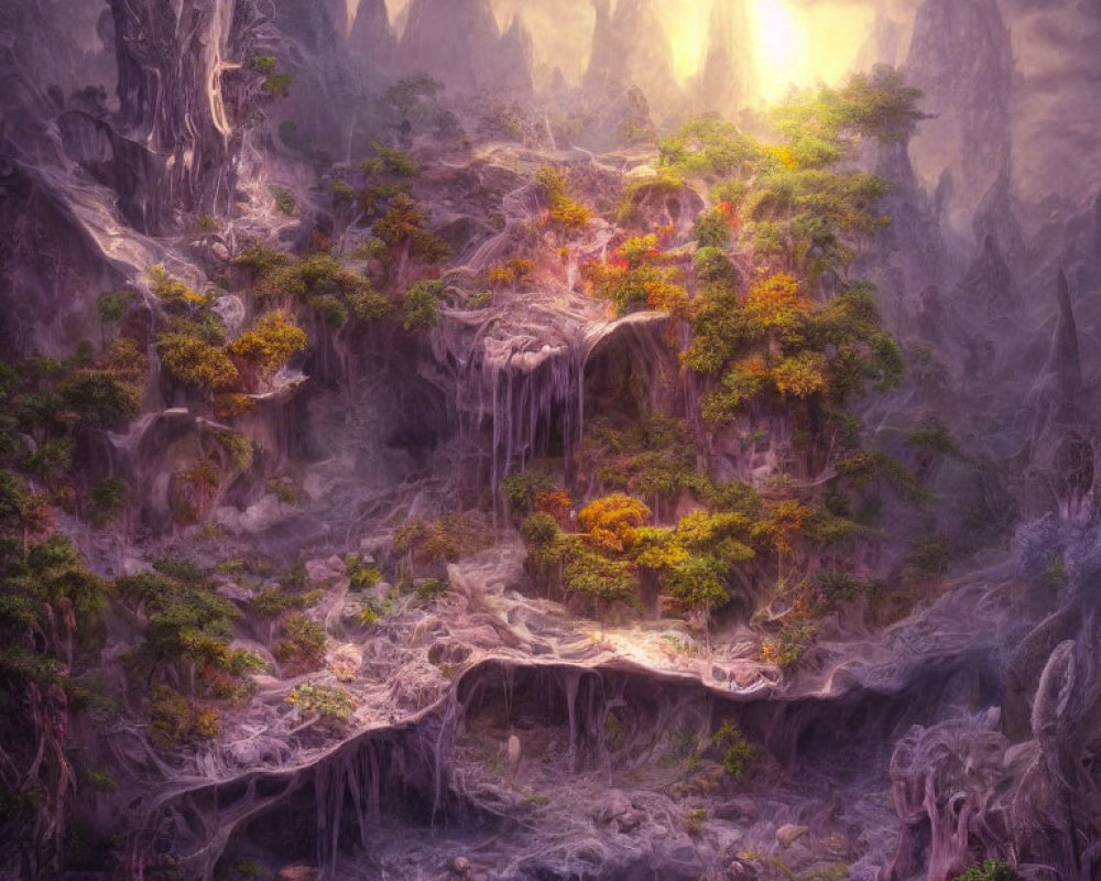 Enchanting forest scene with vibrant foliage, waterfalls, twisted roots, and glowing sunbeam