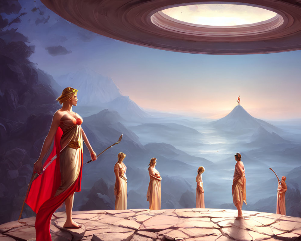 Robed figures on mountain gazing at ringed planet, one holding spear.