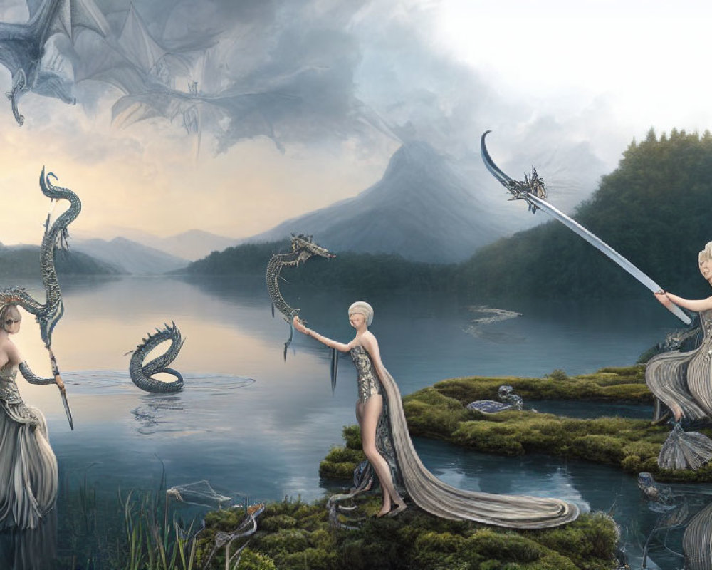 Fantasy art: Two elf-like figures with ornate weapons by a lake, dragon in misty