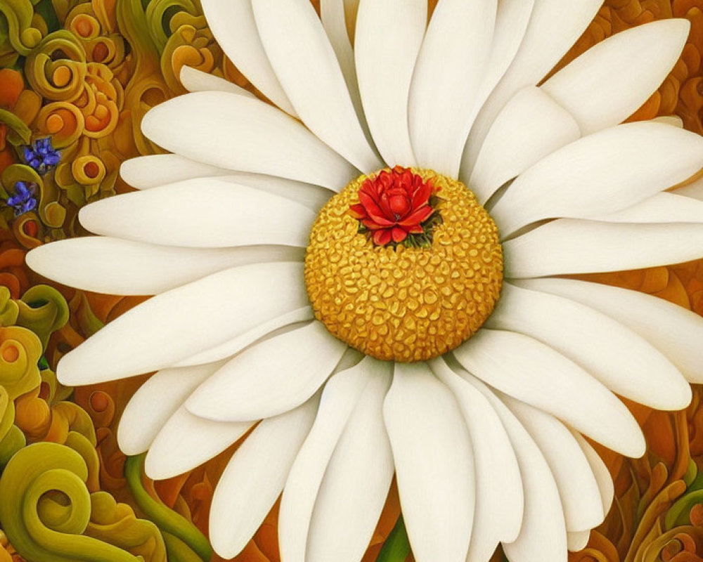 Detailed white daisy with red center on colorful swirl-patterned background