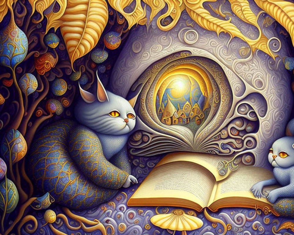 Stylized cats with intricate patterns reading a glowing book in whimsical setting