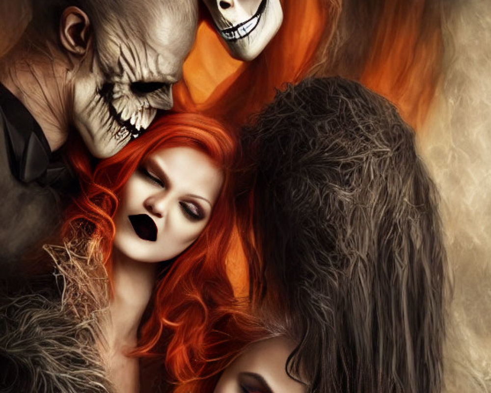 Stylized digital artwork of four skull-faced figures with red eyes and dramatic makeup