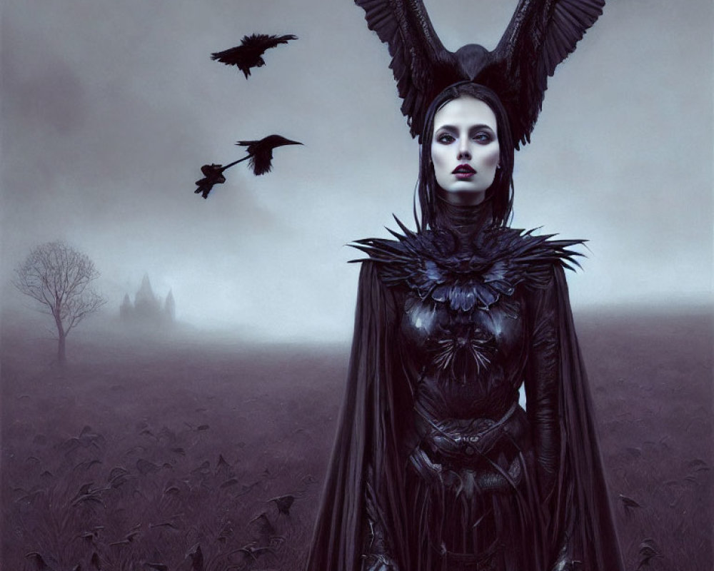 Gothic woman with wings in foggy landscape with crows