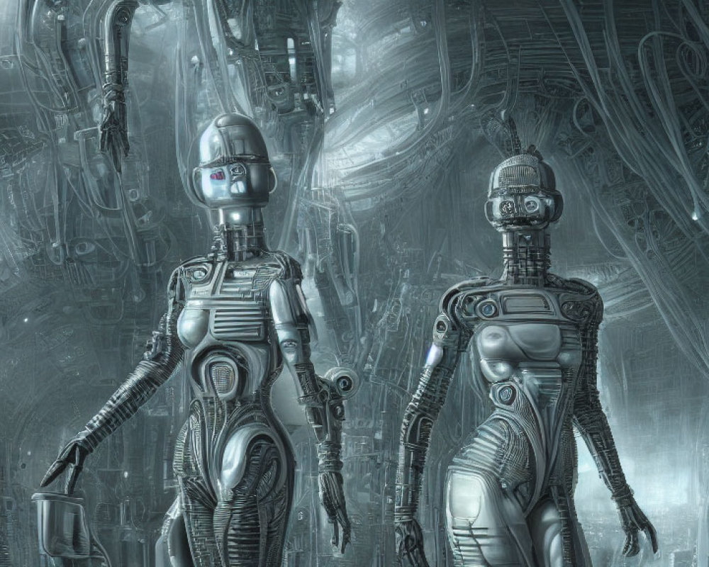 Futuristic humanoid robots in metallic corridor with machinery