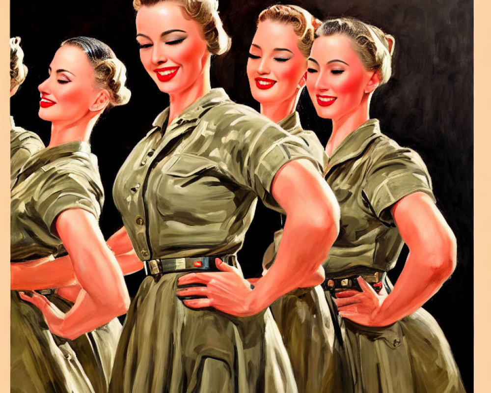 Four Women in Vintage Military Dresses Posing Together