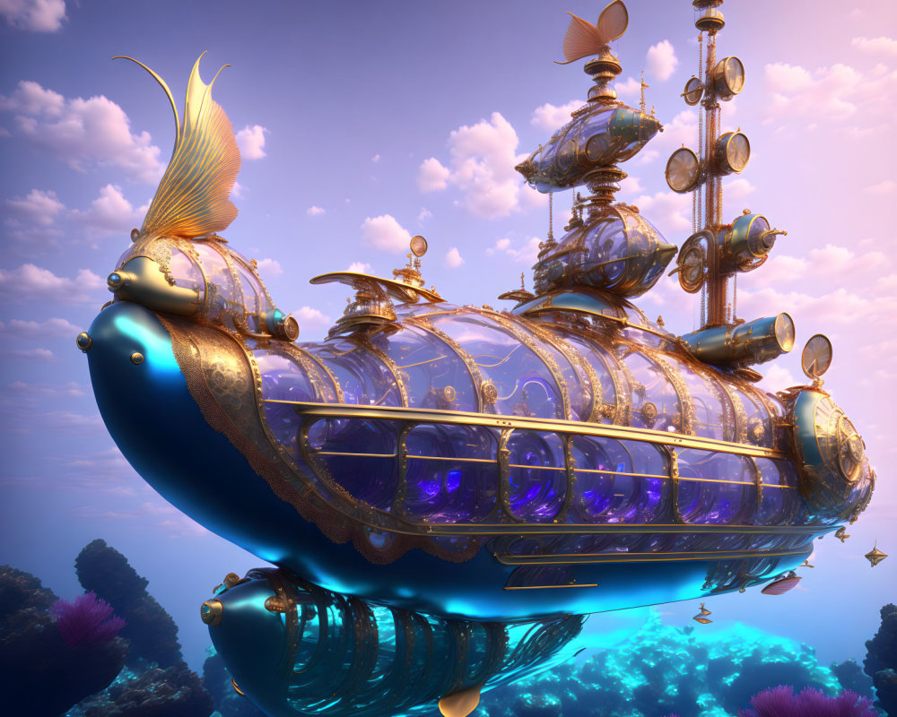 Fantastical fish-like submarine above coral reef with steampunk design