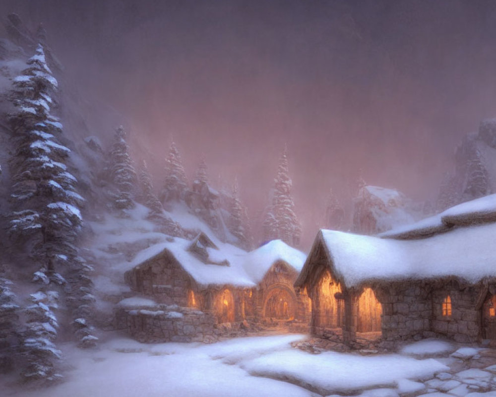 Twilight scene of snow-covered cabins among pine trees