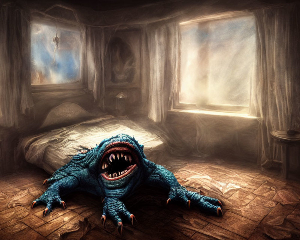 Blue creature with sharp teeth in dimly lit bedroom with painting