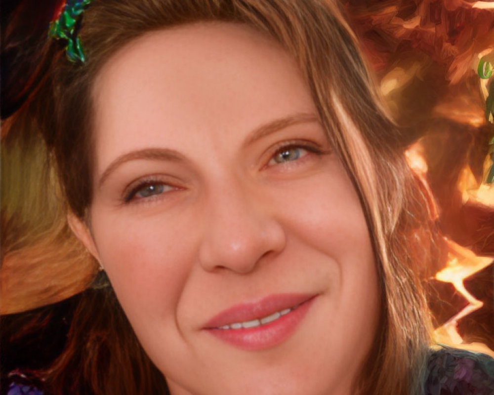 Brown-haired woman with subtle smile in festive bokeh background