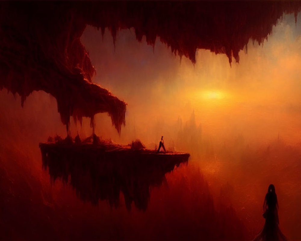 Fantasy landscape with figures on floating islands under warm sunset