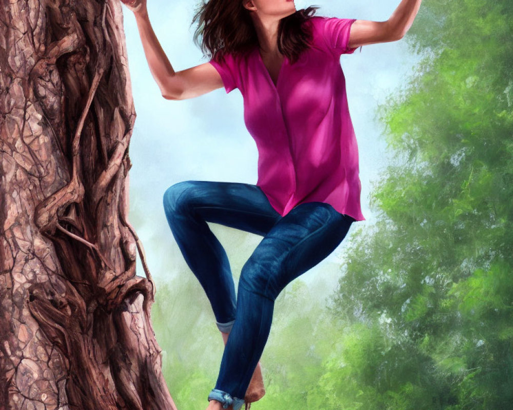 Woman in pink blouse picking berries in a tree surrounded by greenery