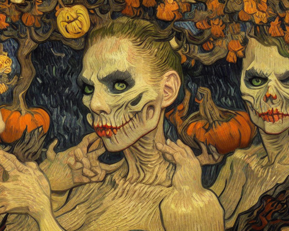 Eerie figures with skull-like makeup and orange hair holding pumpkins