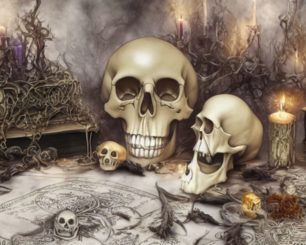 Dark Still Life: Skulls, Candles, Books & Mystical Symbols