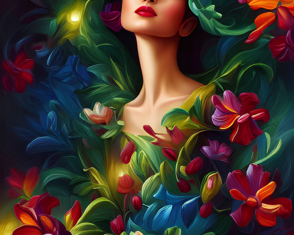 Woman surrounded by vibrant multicolored flowers and blooms in hair.